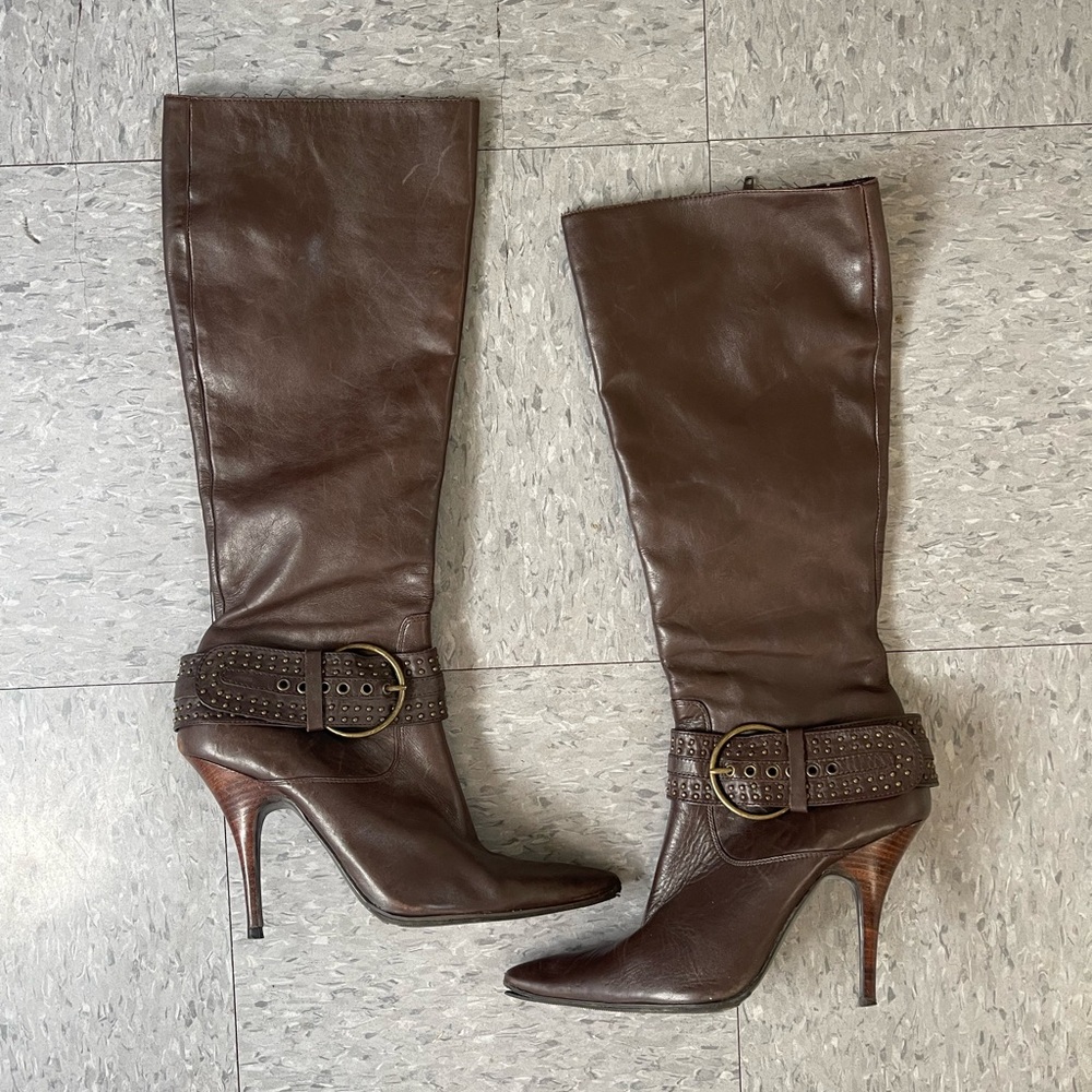 vintage steven steve madden unique studded buckle pointed toe heeled boots